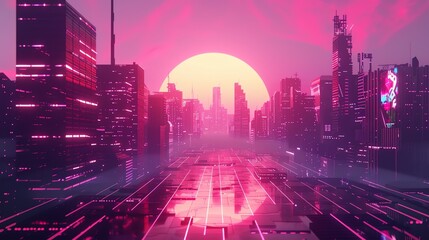 Wall Mural - a retro futuristic cityscape with a large glowing sun in the background.