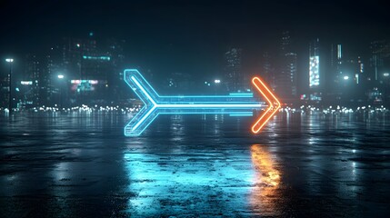 Fototapete - Glowing Beam Illuminated Arrow Against Pure Black Background Conveying a Futuristic and Fast Paced Graphical Concept