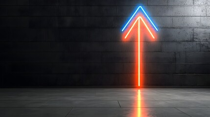 Poster - Vibrant radiant light arrow pointing upward against a dark background glowing with bright iridescent colors and symbolizing velocity energy and dynamic movement