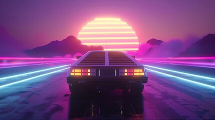 Wall Mural - a futuristic sports car driving towards a large neon sun, in a retro futuristic landscape.