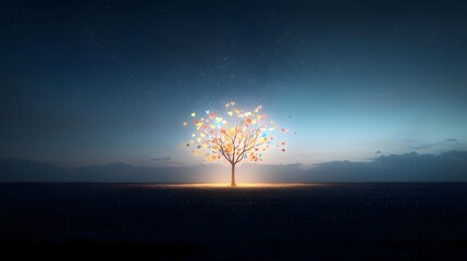 Poster - A glowing tree with multicolored leaves floating in a starry night sky symbolizing the limitless power of imagination and the beauty of the natural world