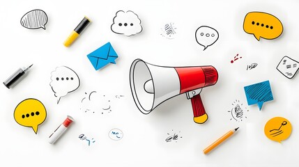 Poster - Bold and colorful megaphone surrounded by floating speech bubbles on a clean white background representing innovative marketing strategies and effective communication tactics  This depicts a modern