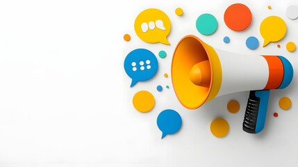 Poster - Vibrant and Bold Colorful Megaphone with Floating Speech Bubbles on Clean White Gradient Background Representing Advertising Messaging and Communication Themes in a Modern Design