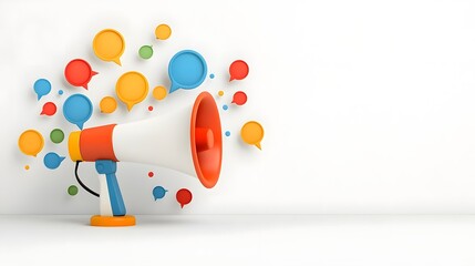 Poster - of a creative megaphone with dynamic and colorful speech bubbles on a clean neutral background  Concept for advertising digital communication and marketing themes