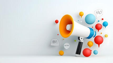Poster - Vibrant multicolored megaphone with abstract speech bubbles floating on a clean  dynamic  and minimalist background  representing the themes of marketing  digital communication