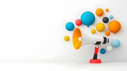 Poster - Stylized megaphone emitting vibrant multicolored speech bubbles against a clean neutral background representing the concept of dynamic advertising campaigns and creative marketing strategies