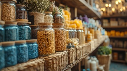 Wall Mural - Rustic shelves filled with jars of grains and spices