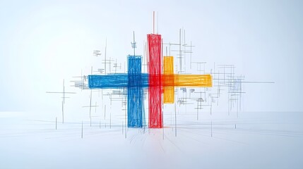 Poster - Colorful abstract digital data streams and hand drawn elements on a transparent screen