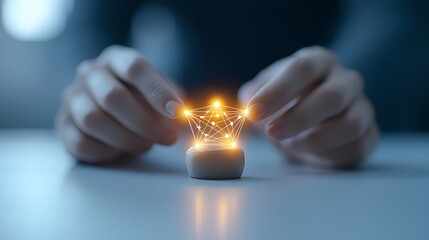 Poster - Hands sculpting a glowing ethereal business model out of clay representing the process of shaping creative ideas and concepts into tangible functional reality  The image symbolizes the dedicated