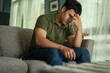 © panitan - domestic,sad serious illness man.depressed emotion panic attacks alone sick people fear stressful crying.stop abusing violence,help person with health anxiety,thinking bad frustrated exhausted