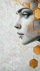 Wall Mural - Abstract portrait of woman with geometric gold hexagons