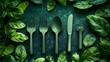 © Linus - A green leafy background with a set of silverware including a fork, spoon, knife