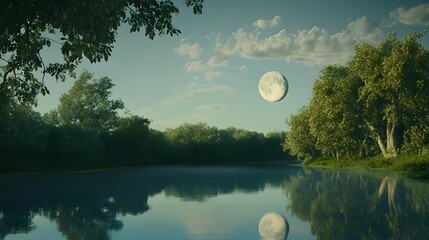 Wall Mural - serene landscape with full moon shining over calm water body