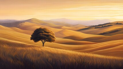 Wall Mural - serene rolling hills landscape bathed in warm sunset light