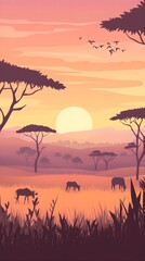 Wall Mural - serene african savannah landscape at sunset with grazing animals