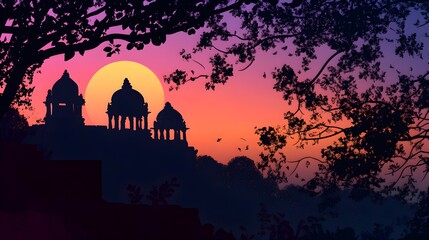 Wall Mural - serene sunset view over ajanta caves silhouette at dusk