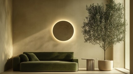 Wall Mural - Olive tree, green sofa, sunlit room, minimalist interior design, home decor