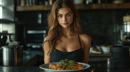 A young woman presents a plate of freshly baked lasagna in a modern kitchen setting