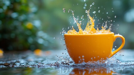 Wall Mural - Yellow cup with splashing liquid in motion