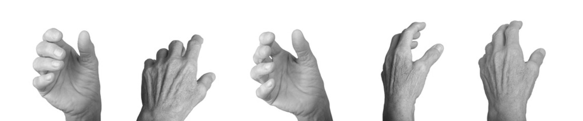 Wall Mural - Elderly woman's hand reaching out in a grasping pose, fingers curled as if holding or seizing something invisible, wrinkled skin, expressive body language in grayscale. Isolated on white background.