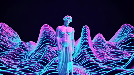 Wall Mural - Vaporwave style image featuring a classical greek statue standing in a vibrant, neon-colored digital landscape with flowing, wavy lines, creating a surreal and otherworldly atmosphere