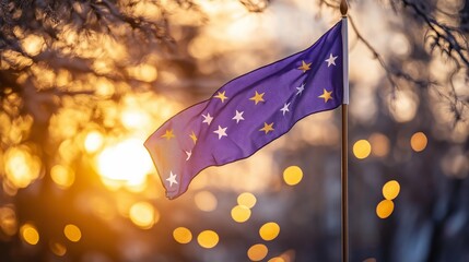 Wall Mural - A colorful Mardi Gras flag waves in warm golden lighting, with lucky symbols and hints of white and purple in the background