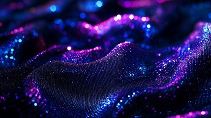 Dark purple background with shiny sequins and bokeh lights. Black, pink, and blue colors. Wide banner for fashion design