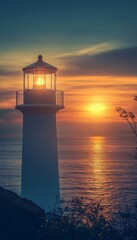 Poster - Tranquil coastal lighthouse illuminating the sunset, casting a peaceful glow over the ocean horizon