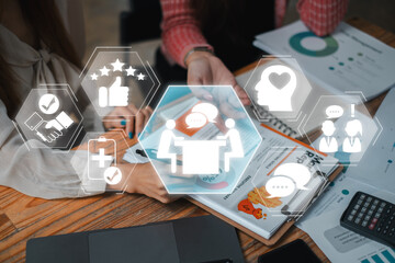 Wall Mural - illustration of a counseling session concept with digital icons overlaying business documents on a w