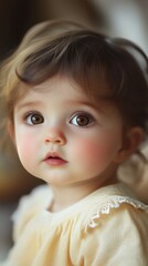 Wall Mural - Cherubic toddler with expressive brown eyes in soft yellow dress gazes curiously at the camera in a warm, softly lit indoor setting during a serene afternoon