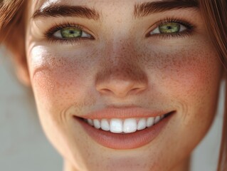 Wall Mural - Bright smile of a young woman with green eyes and freckles enjoying a sunny day outdoors