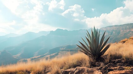 Wall Mural - Solitary Agave Plant Against Dramatic Mountain Landscape