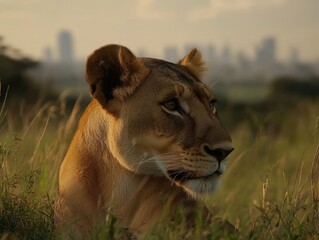 Wall Mural - A lioness gazes intently from her grassy perch with a city skyline in the distance