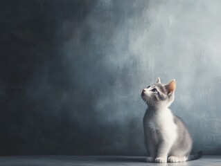 Wall Mural - A cute gray and white kitten gazes upward against a moody, softly lit background.