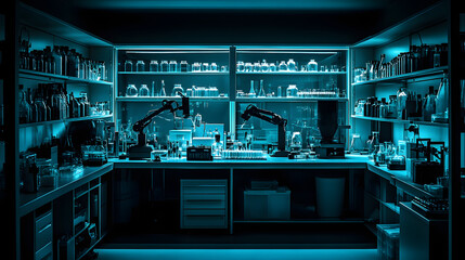 Fully equipped modern science laboratory with glowing blue lights and an array of advanced technology.