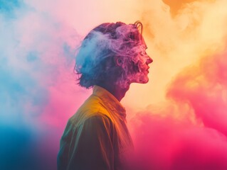 A profile of a person surrounded by colorful smoke, creating a dreamy atmosphere.