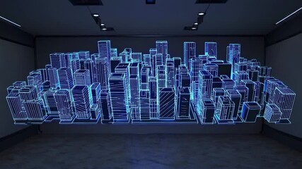 Wall Mural - Beams of light project a futuristic hologram of a smart city, creating a mesmerizing display of urban innovation within a modern office setting