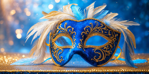 Poster - Blue Venetian mask with gold decorations on a glittery background