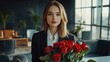 © Tobi - A self-assured professional woman holding a bouquet of roses in a sleek office with modern furnishings