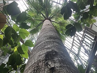 Looking Up Palm Tree Trunk in Greenhouse Botanical Garden