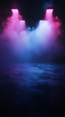 Fototapete - Mysterious smoky dark room illuminated by purple and blue neon lights, creating a dramatic and atmospheric scene