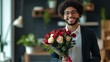 © Tobi - A successful professional holding a bouquet of roses with a cheerful expression in a modern office