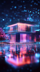Poster - Glowing digital grid enveloping modern house, showcasing innovative smart home technology and futuristic architecture