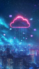 Aufkleber - Digital network streaming cloud data across illuminated metropolitan skyline, symbolizing technological connectivity and urban innovation