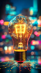 Aufkleber - Glowing networked lightbulb projecting digital connections over blurred urban landscape, symbolizing technological advancement