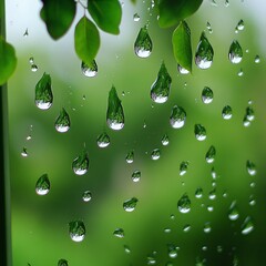 Vibrant Green Nature Raindrops on Glass- Closeup Photography