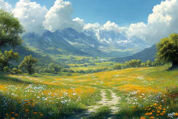 Wall Mural - Serene Mountain Valley Wildflower Meadow Path