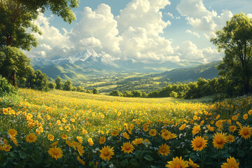 Poster - Sunflowers Bloom in a Mountain Valley Meadow