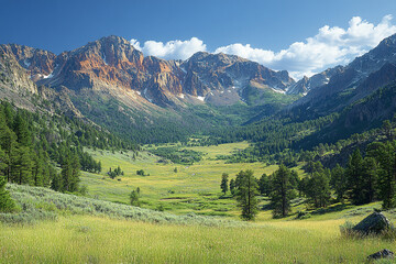 Poster - Majestic Mountain Valley Scenic Landscape Under Blue Sky