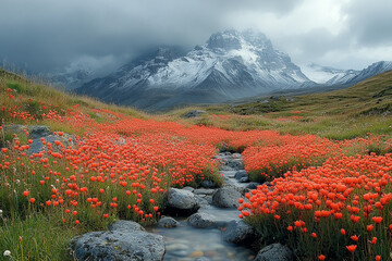 Poster - Orange Flowers Bloom Beside Mountain Stream And Snowy Peaks